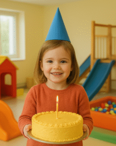 Kind mit Geburtstagstore - einjähriges Bestehen EmMafant-Familienzentrum