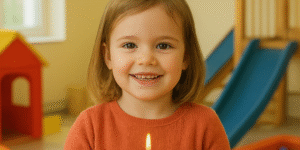 Kind mit Geburtstagstore - einjähriges Bestehen EmMafant-Familienzentrum